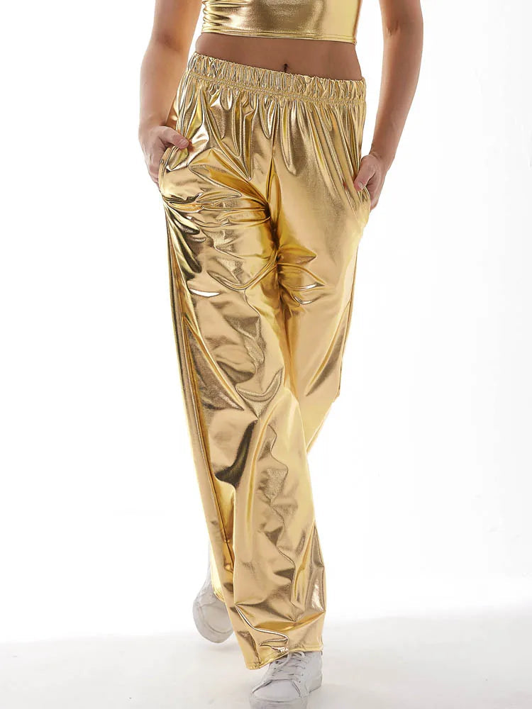 Women Adult Shiny Straight Leg Pants Casual High Waist Metallic Pants Super Long Holographic Pants Disco Bottoms Viralgem Store