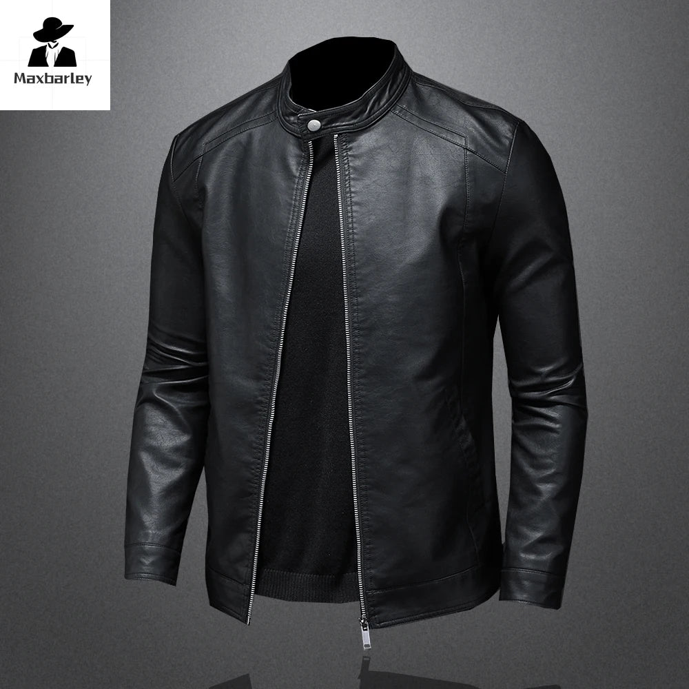 Spring Autumn Leather Jacket Men Stand Collar Slim Pu Leather Jacket Fashion Motorcycle Causal Coat Mens Moto Biker Leather Coat