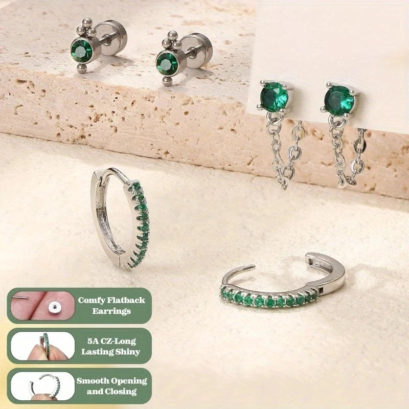 20pcs Stainless Steel Delicate Comfortable Green Gemstone Flat Back Earring Set,Hypoallergenic Small Hoop Earrings Jewelry Gifts Viralgem Store