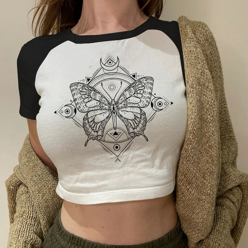 Y2k Fairy Grunge Emo Sexy Gothic Crop Top Vintage Harajuku Black Short Sleeve O-neck T Shirts Aesthetic Clothes Streetwear Tanks