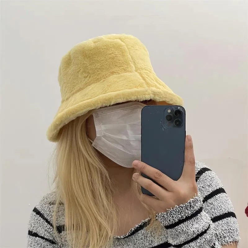 Thicken Autumn Winter Warm Plush Panama Casual Hats for Women Soft Faux Rabbit Fur Bucket Hat Solid Ladies Fisherman Caps Bonnet