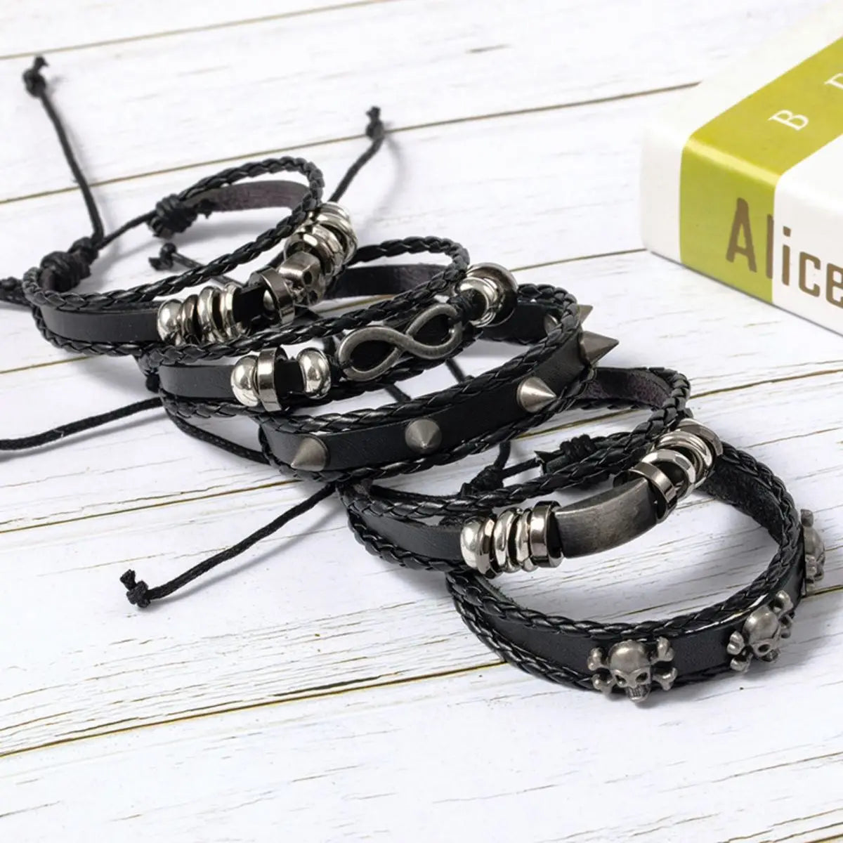 5pcs Metal Diy Braided Punk Style Bracelet Set, Featuring Pu Leather And Beads