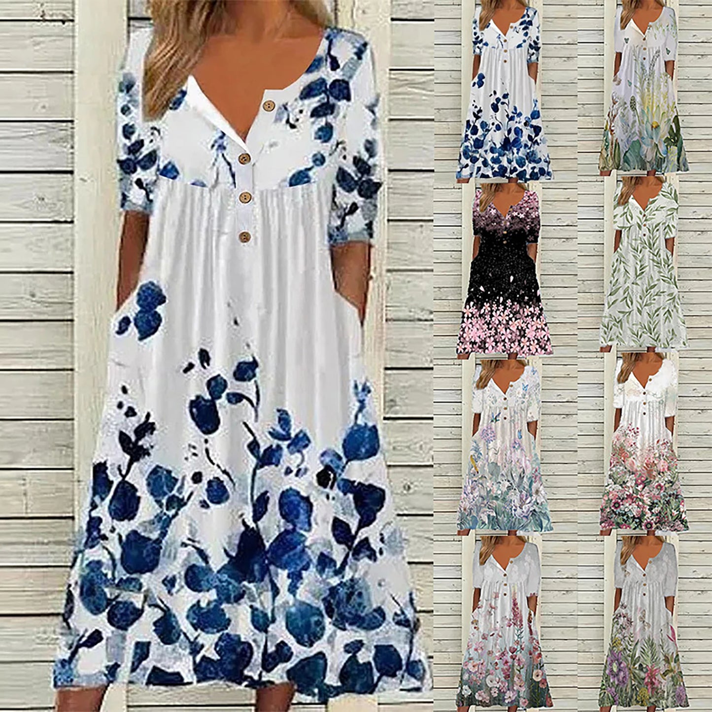 2024 Europe and the United States spring new fashion printed V-neck button short sleeve plus size women's size women's pocket