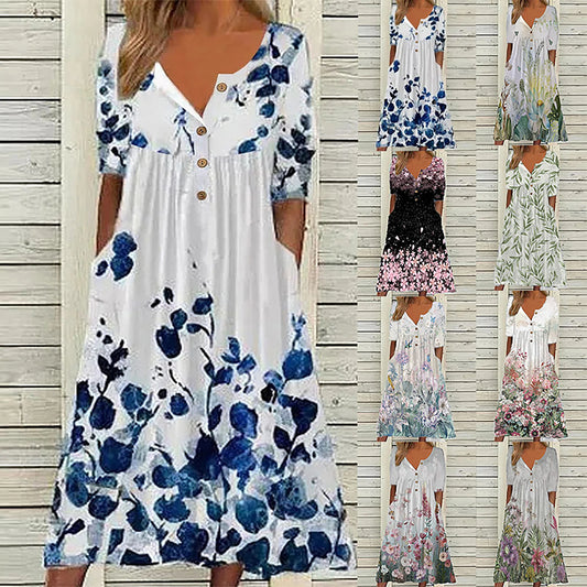 2024 Europe and the United States spring new fashion printed V-neck button short sleeve plus size women's size women's pocket