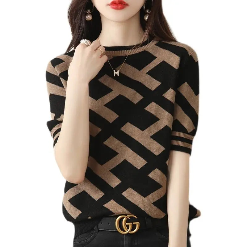 Spring Summer Knitted Top Classical Letter T-Shirt Short Sleeve Tee Korean Fashion Woman Blouse 2024 Cheap Women's Clothing Chic