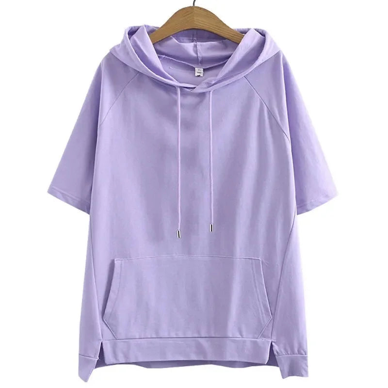 2023 Oversize 4XL Loose Sweatshirts Women Cotton Hoodies Summer Short-sleeves Thin Tees Female Casual Pullover Tops Outerwear