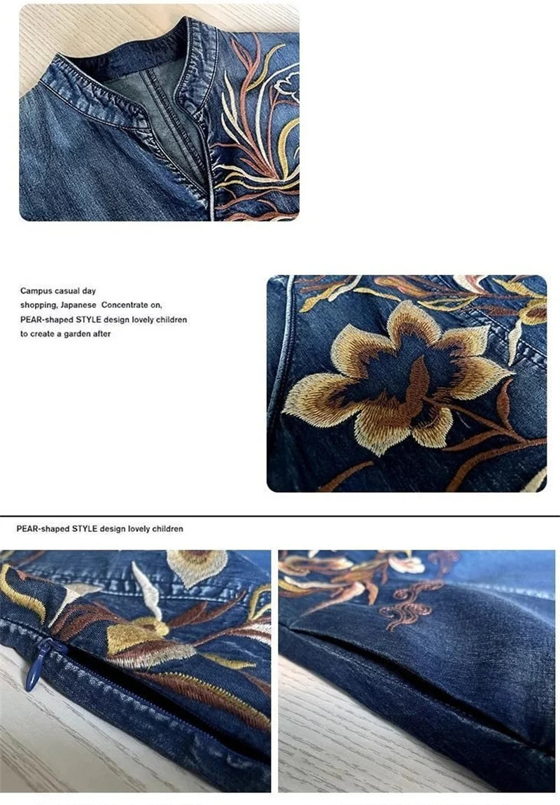 Summer New High End Embroidered Cowboy Dress Women's V-Neck Short Sleeved Temperament Jeans Long Dresses Female Denim Vestidos