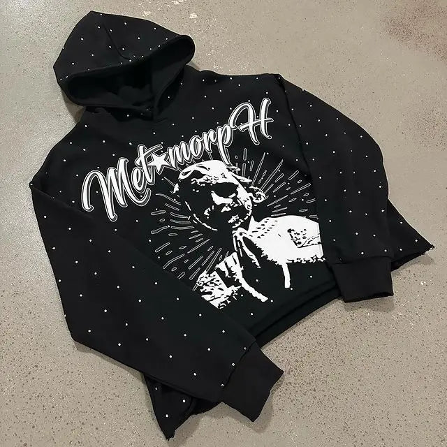 Y2K Rhinestone Hoodies Women Gothic Black Pullover Oversized Sweatshirts Female Retro Harajuku Hooded Jacket Streetwear Men Top