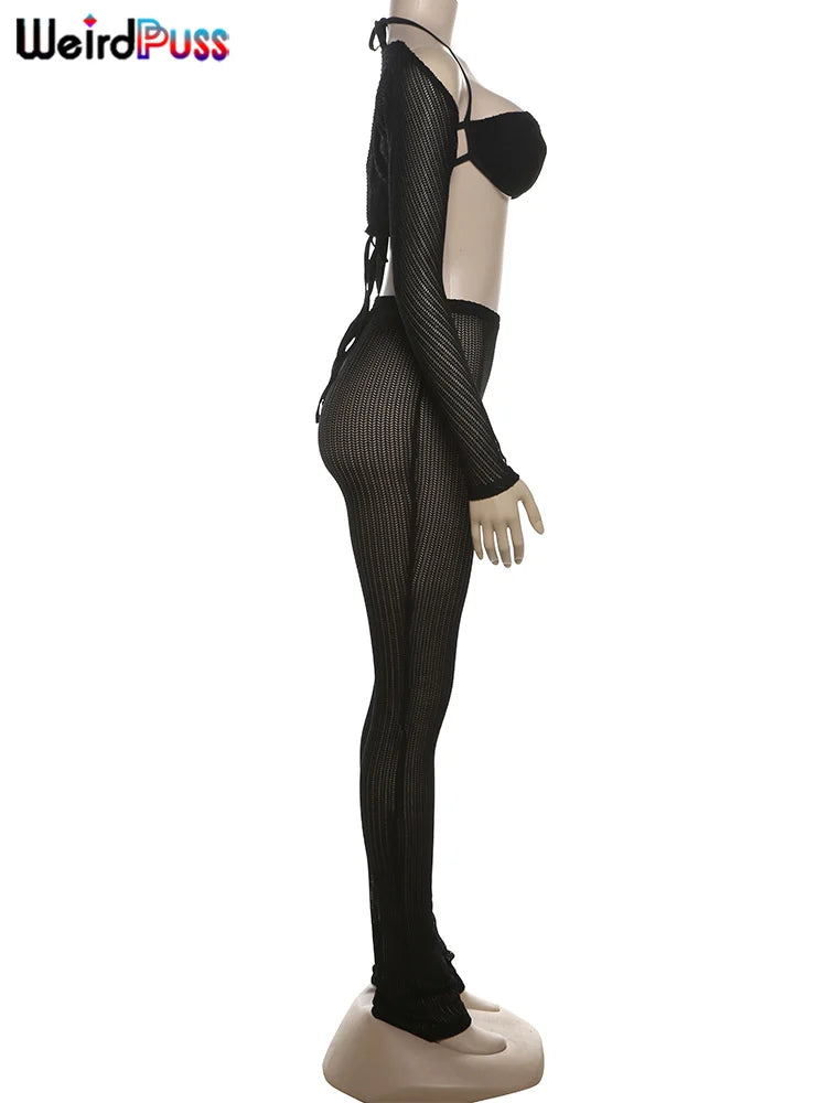 Weird Puss Summer Trend 3 Piece Set Women Spike Mesh Crop Tops+Bandage Bra+Leggings Tight Matching Vacation Streetwear Outfits Viralgem Store