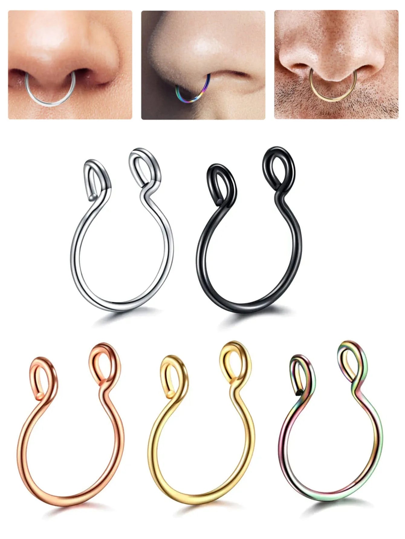 1Pc/5pcs Set Horseshoe Fake Nose Ring false,U Shaped Nath false Septum Rings,316L Stainless Steel Fake Nose Piercing,Non Pircing