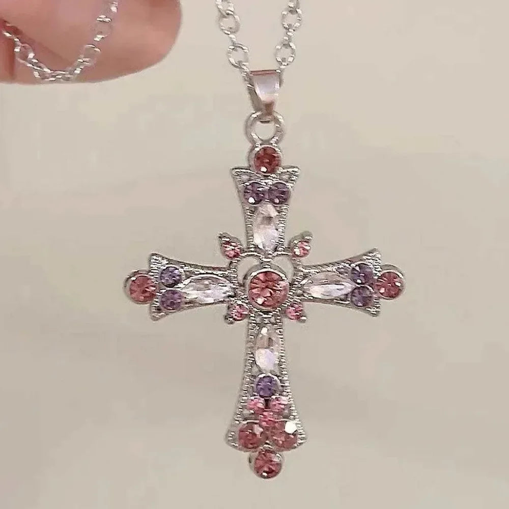 Y2K Retro Kpop Silver Color Pendant Necklaces for Women Gothic Zircon Heart Cross Tassel Necklace Punk Clavicle Choker Jewelry