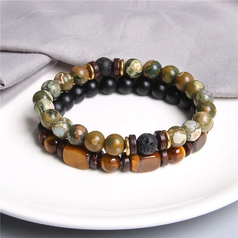 2 Chain Bracelets Friendship Jewelry Handmade Elastic Men Bangle Natural Tiger Eye Stone Beads Bracelet Unisex Pulsera Hombre Viralgem Store