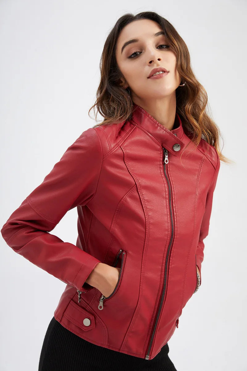 Women Moto Biker Zipper Jacket 2024 Faux Leather Jacket Women Spring Autumn Coat Black Brown Red Purple Navy Coffee Black XS 4XL Viralgem Store