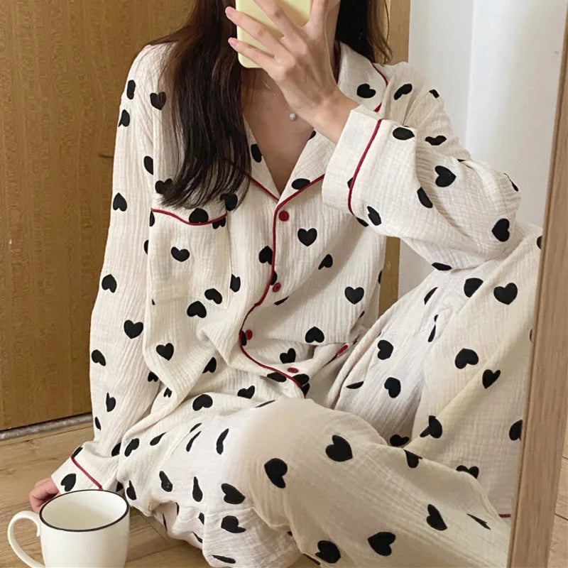 2 Pieces Womens Pajamas Long Sleeve Sleepwear Korean Heart Print Pijama Set Casual Nightwear Lady Home Suit Spring Pyjama Nighty