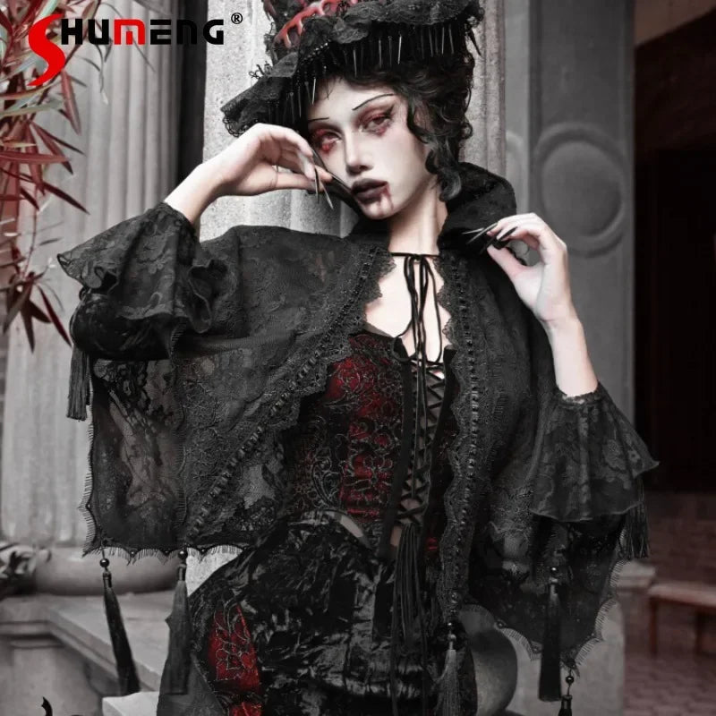 2024 Autumn Winter Halloween Chic Lace-Up Wrap Women's Clothes New Dark Style Goth Lace Cape Shawl Jacket Apparel Accessories Viralgem Store