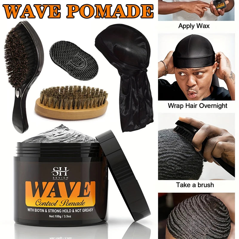 100g Waves Control Pomade Set 360 Wavy Hair Oil With Brush Natural Silky Shine Style Sport Waves Cream For African Black Men