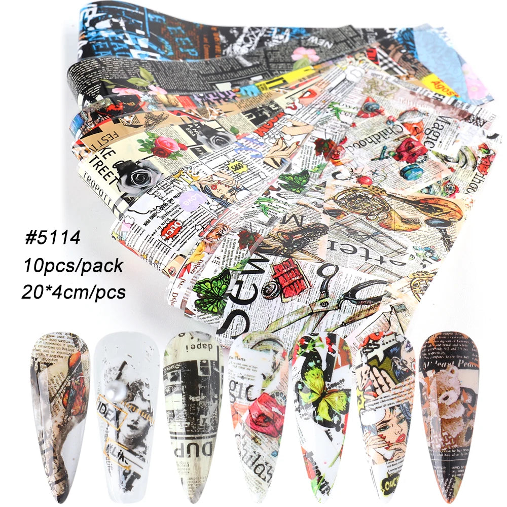 10Pcs Hologram Transfer Foil Nails Laser Stars Holographic Nail Stickers Mermaid Tail Sliders Metallic Gel Polish Wraps NLXKY01