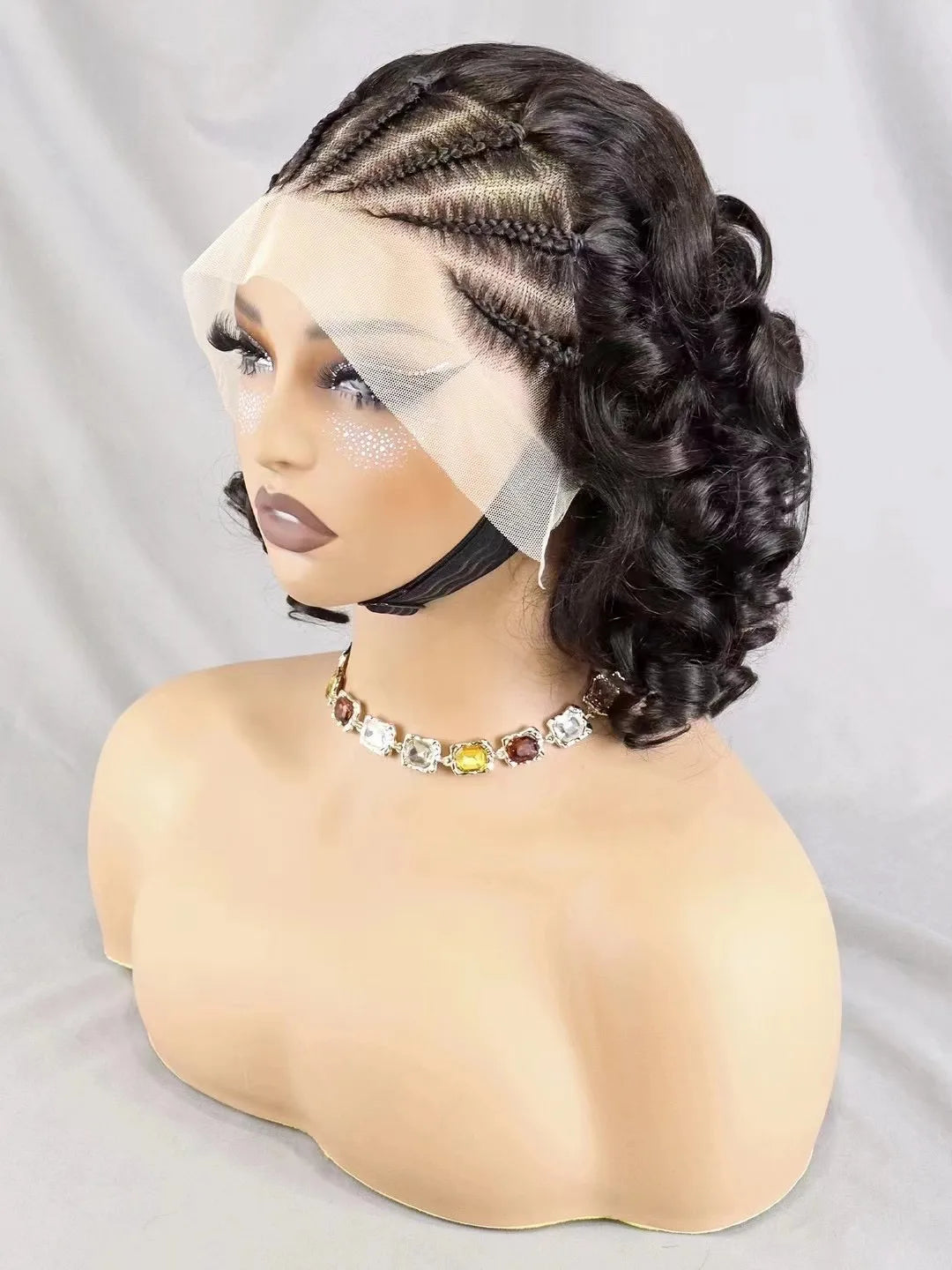 12-18 Inches Natural Color Fumi Loose Wave Bob Human Hair Wig with Braids for Black Women Brazilian Remy Hair Pre Plucked