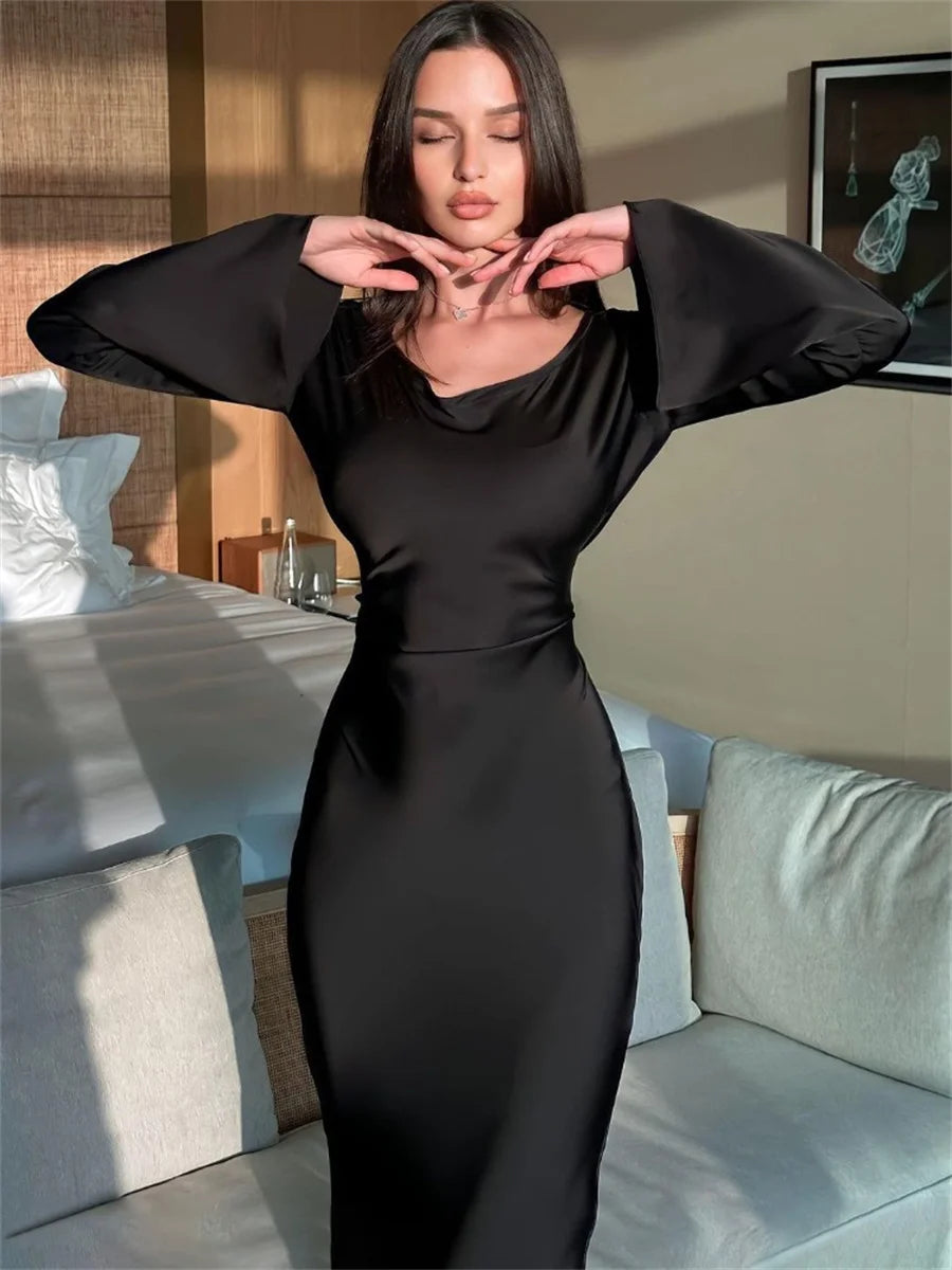 Women 2024 New Long Dresses Fashion Simple Elegant Round Neck Satin Flare Sleeve Lace Up Slim Evening Party Dresses Sexy Dress