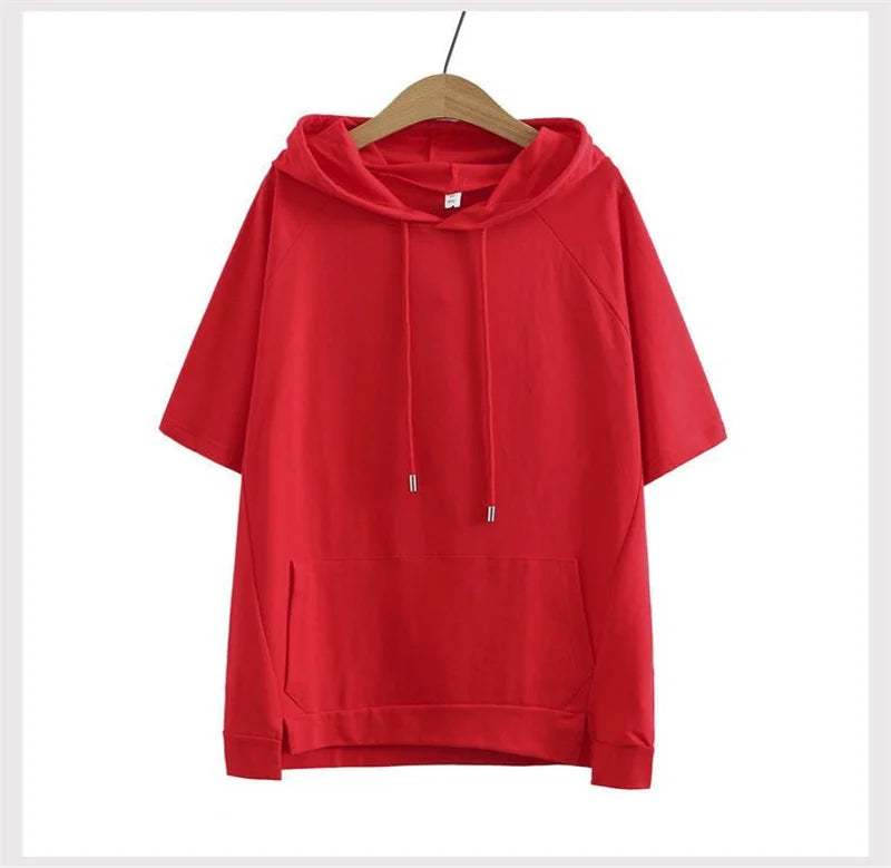 2023 Oversize 4XL Loose Sweatshirts Women Cotton Hoodies Summer Short-sleeves Thin Tees Female Casual Pullover Tops Outerwear