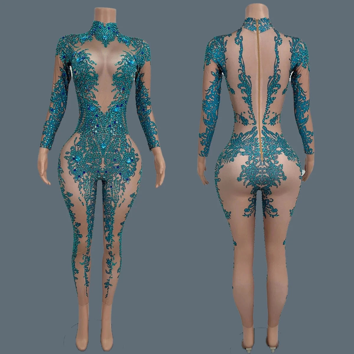 Sparkly Rhinestone Print Spandex Elastic Bodycon Jumpsuit Nightclub Party Stage Club Show Costume  Dance Skinny Wear Xiaotaohong Viralgem Store