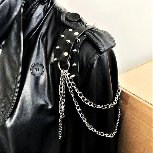 UYEE unisex synthetic leather shoulder armor with rivet details and chain tassel fashionable black studded waistband accessory Viralgem Store