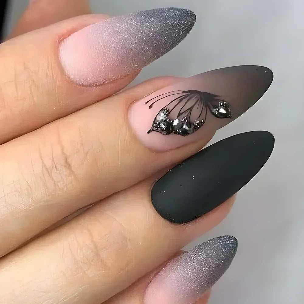 24Pcs Autumn Winter Matte Almond False Nails with Glue Rose Leaf Printing Nail Art Simple Full Cover Press on Acrylic Nails Tips Viralgem Store