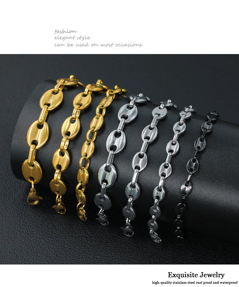 USENSET Coffee Bean Stainless Steel Bracelet Waterproof Link Chains 8-11MM Handmade Jewelry Gold Color Gifts 7-34inch