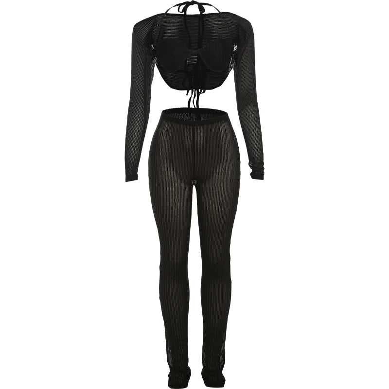 Weird Puss Summer Trend 3 Piece Set Women Spike Mesh Crop Tops+Bandage Bra+Leggings Tight Matching Vacation Streetwear Outfits Viralgem Store