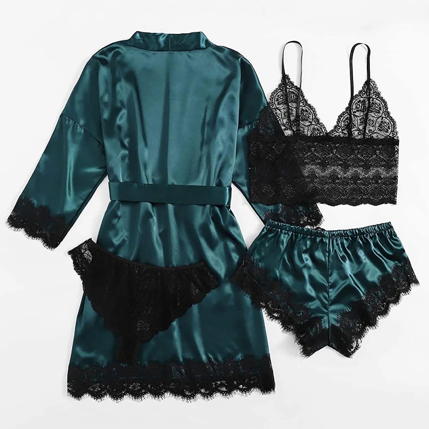 2023 Women Pajamas Sets Satin Sleepwear Silk 4 Pieces Nightwear Pyjama Strap Lace Sleep Lounge Pajama with Chest Pads Gifts Viralgem Store