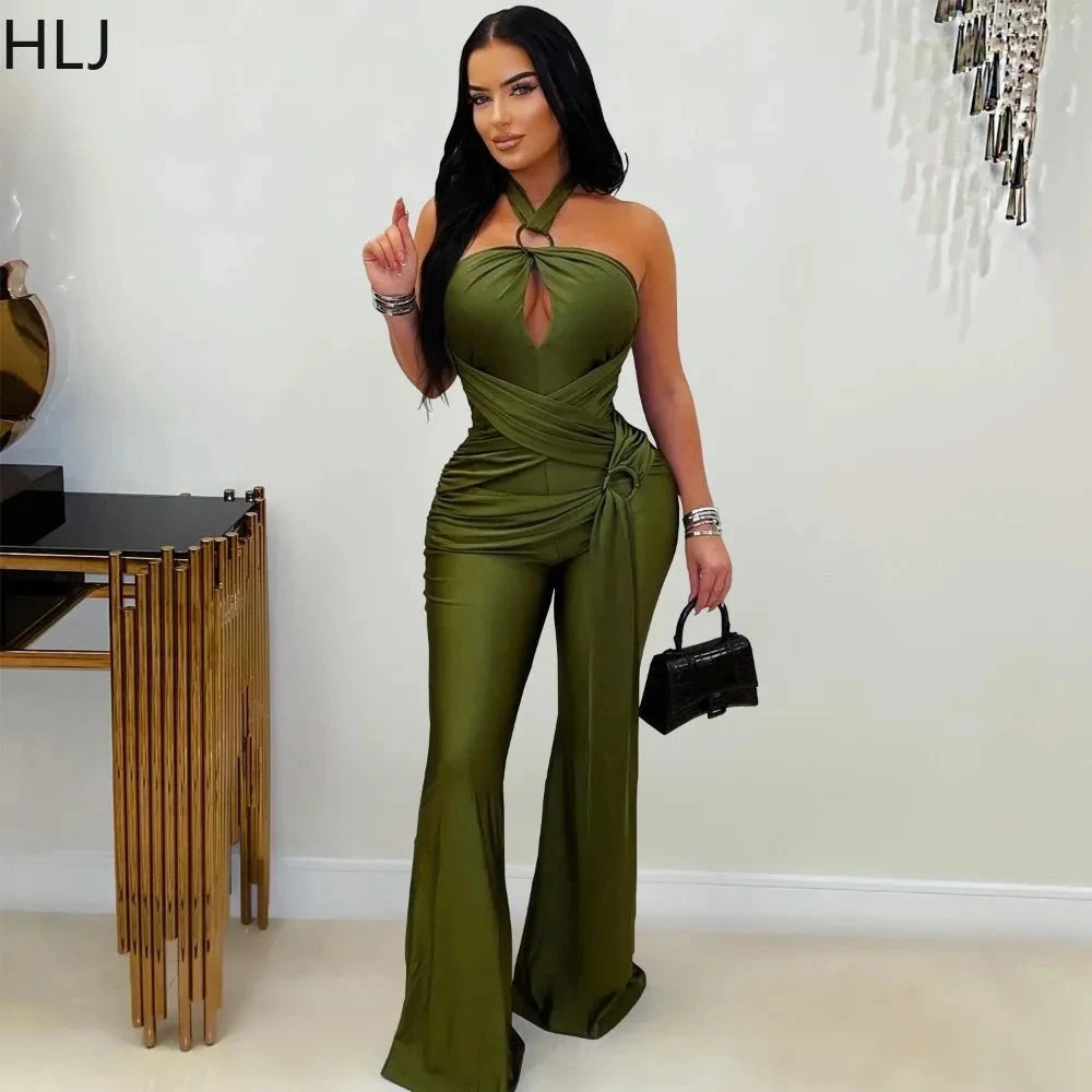 HLJ Sexy Hollow-out Bandage Patchwork Bodycon Jumpsuit Women Halter Sleeveless Backless Rompers Female Streetwear Overalls New Viralgem Store