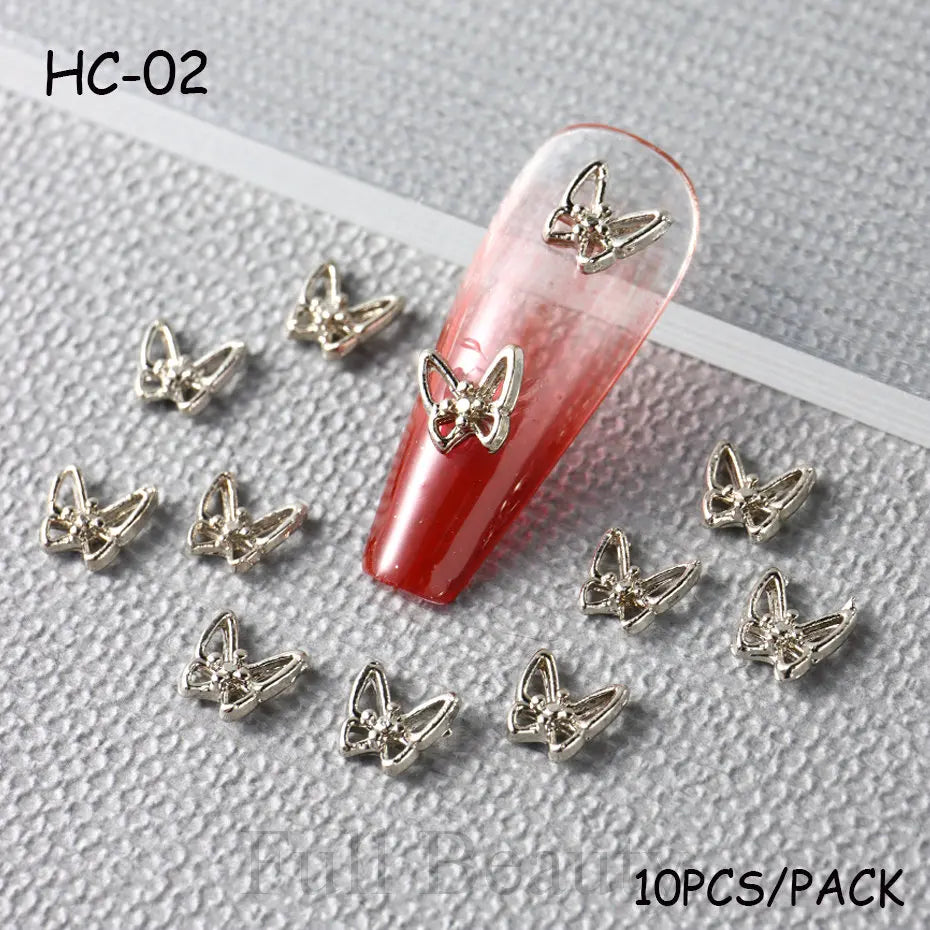10pcs/pack Butterfly Shaped Nail Charms 3D Gold Silver Butterflies Rhinestone Zircon Jewelry DIY Nail Art Decoration Accessories