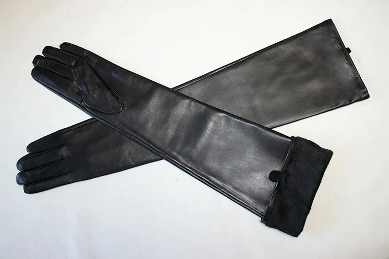 Touch Screen Extra Long Leather Sheepskin Gloves Women's Black Fashion Simple Straight Style Velvet Lining Winter Warm Sleeve