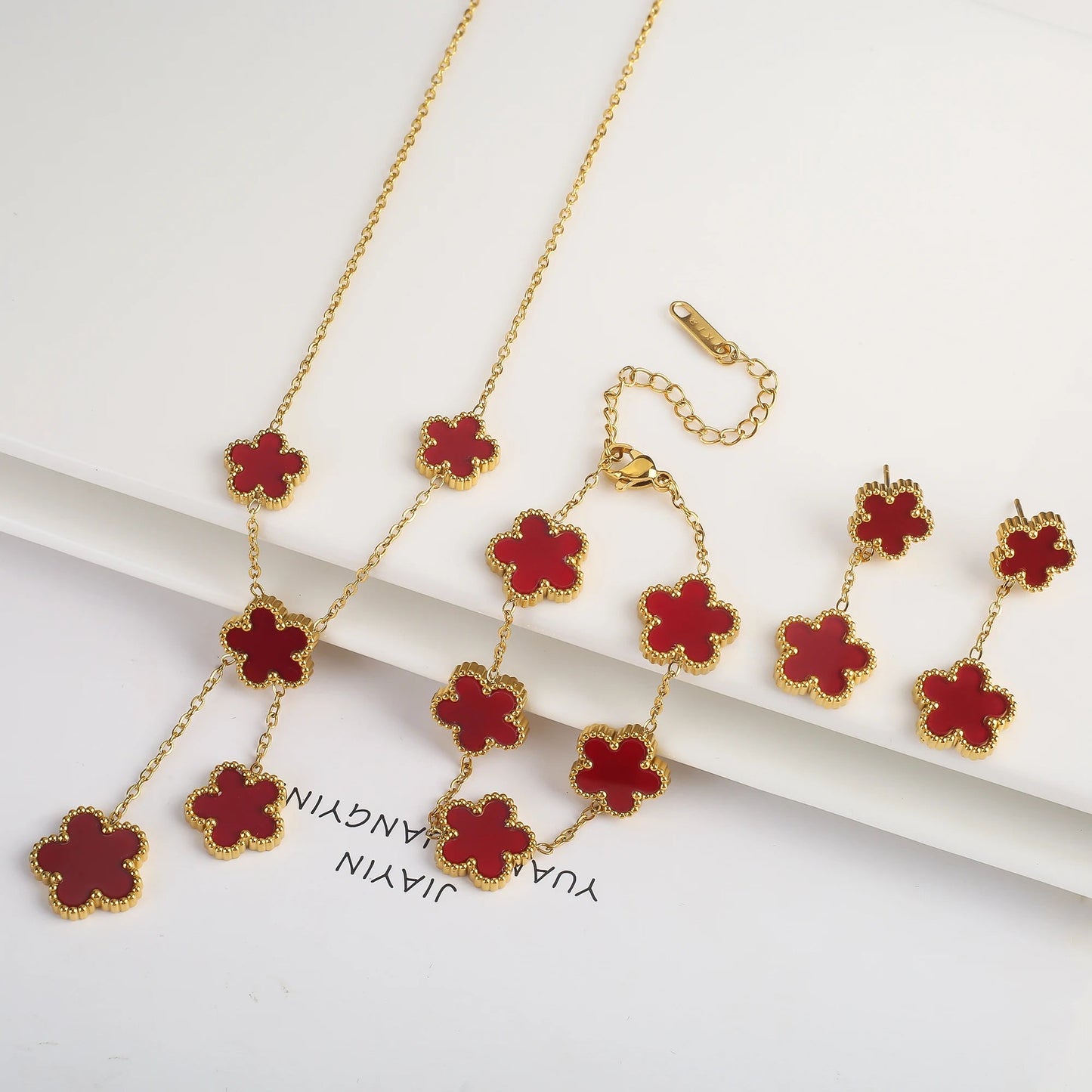 3Pcs 18k Gold-Plated Five-Leaf Flower Necklace Earrings Bracelet Jewelry Set For Woman Fashion Party Jewelry Daily Wear Clover Viralgem Store