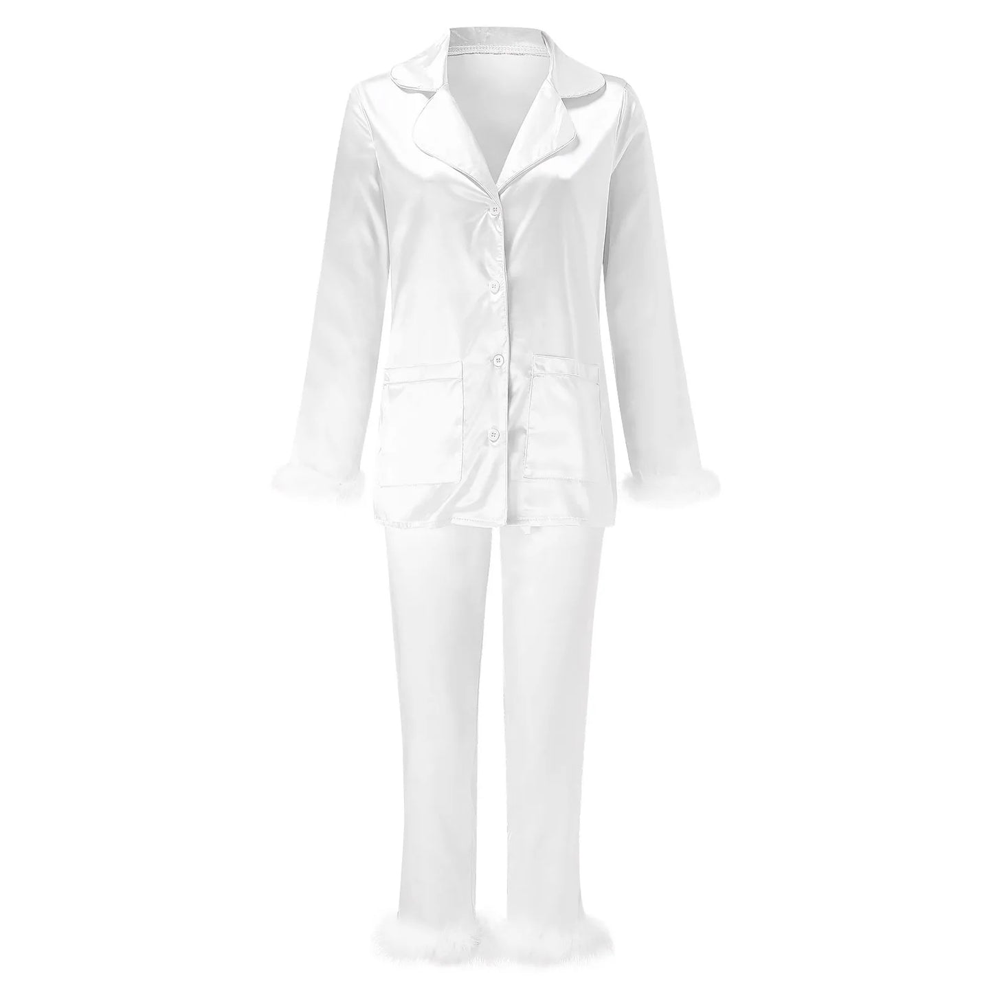 2Pcs Women Pajamas Set Spring Summer Casual Lapel Tops + Feather Pants Suits Sexy Lingerie Nightwear Silk Satin Pyjamas Homewear