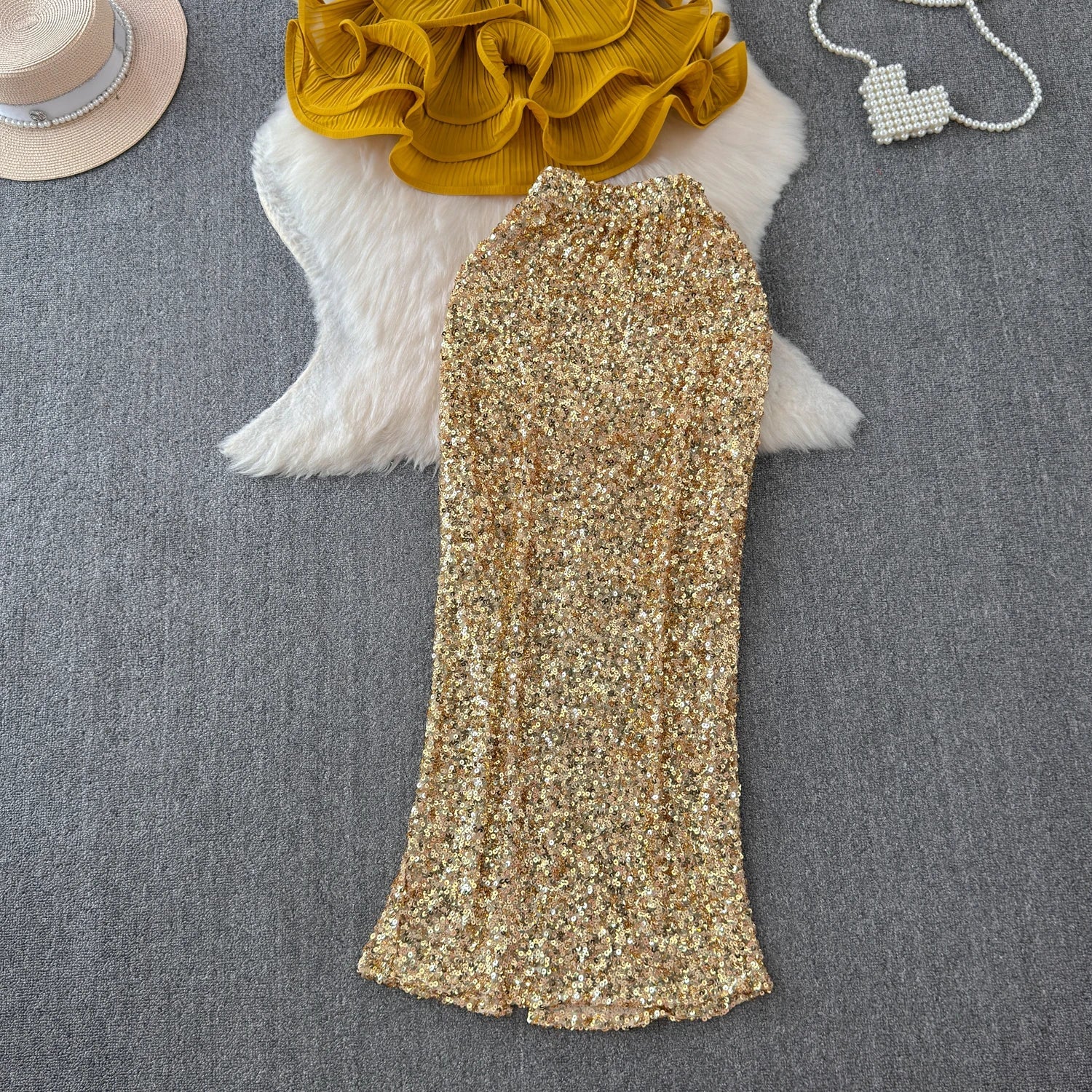 Summer New Light Luxury Sequin Two Piece Skirt Set Women's V-neck Belt Blouse Top+Slim Fit High Waist Wrap Hip Half Skirt Set Viralgem Store