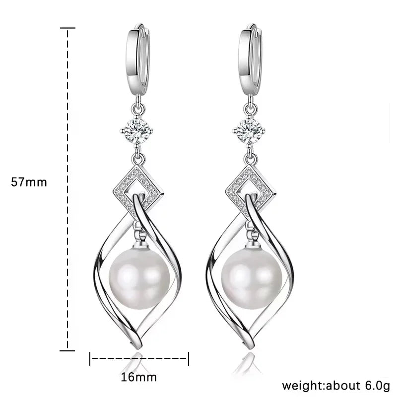 925 Sterling Silver Crystal Zirconia Natural Pearl Earrings, Women's Fashion Gorgeous Wedding Engagement Party Jewelry