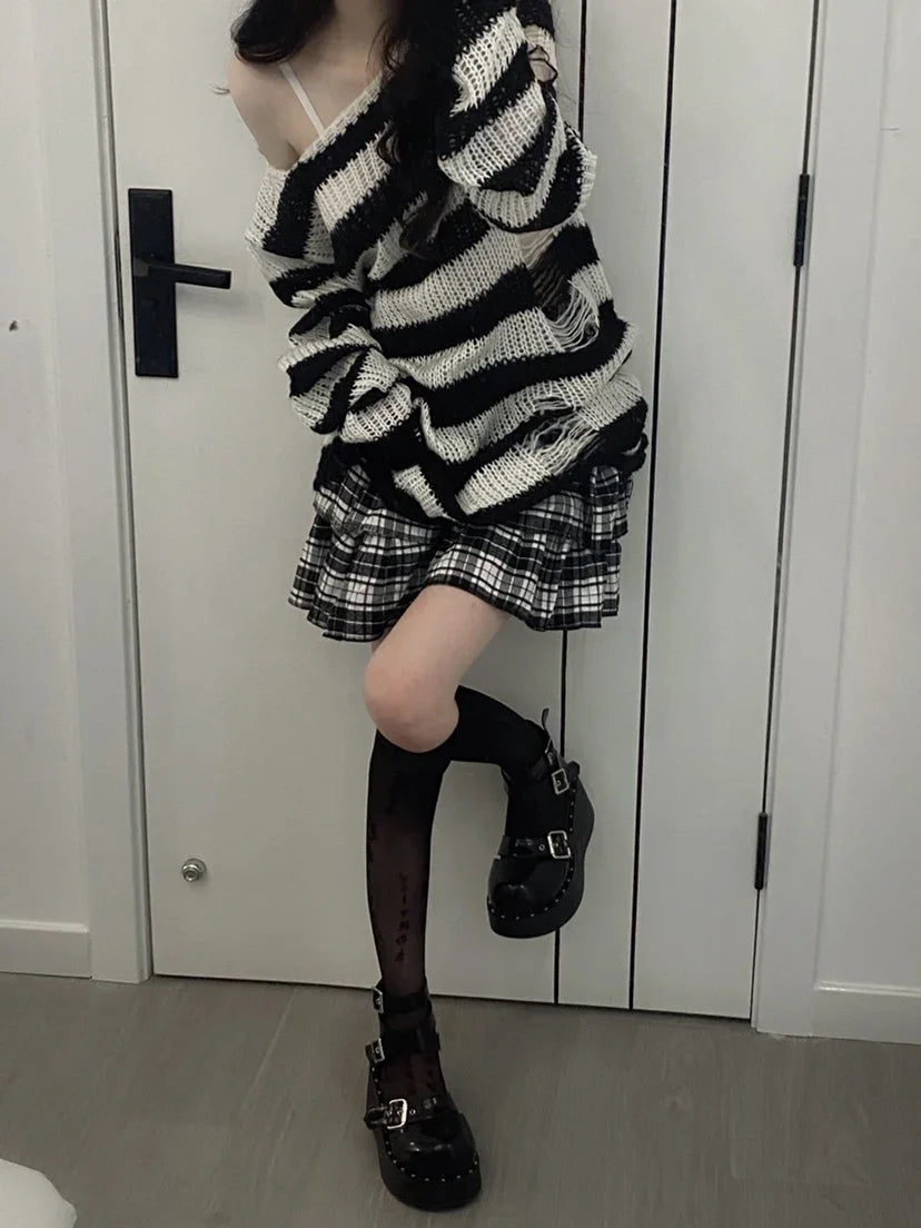2024 90s Punk Gothic Long Sweater Women Dark Aesthetic Striped Pullovers Hollow Out Oversized Grunge Jumpers Emo Alt Clothes Y2k
