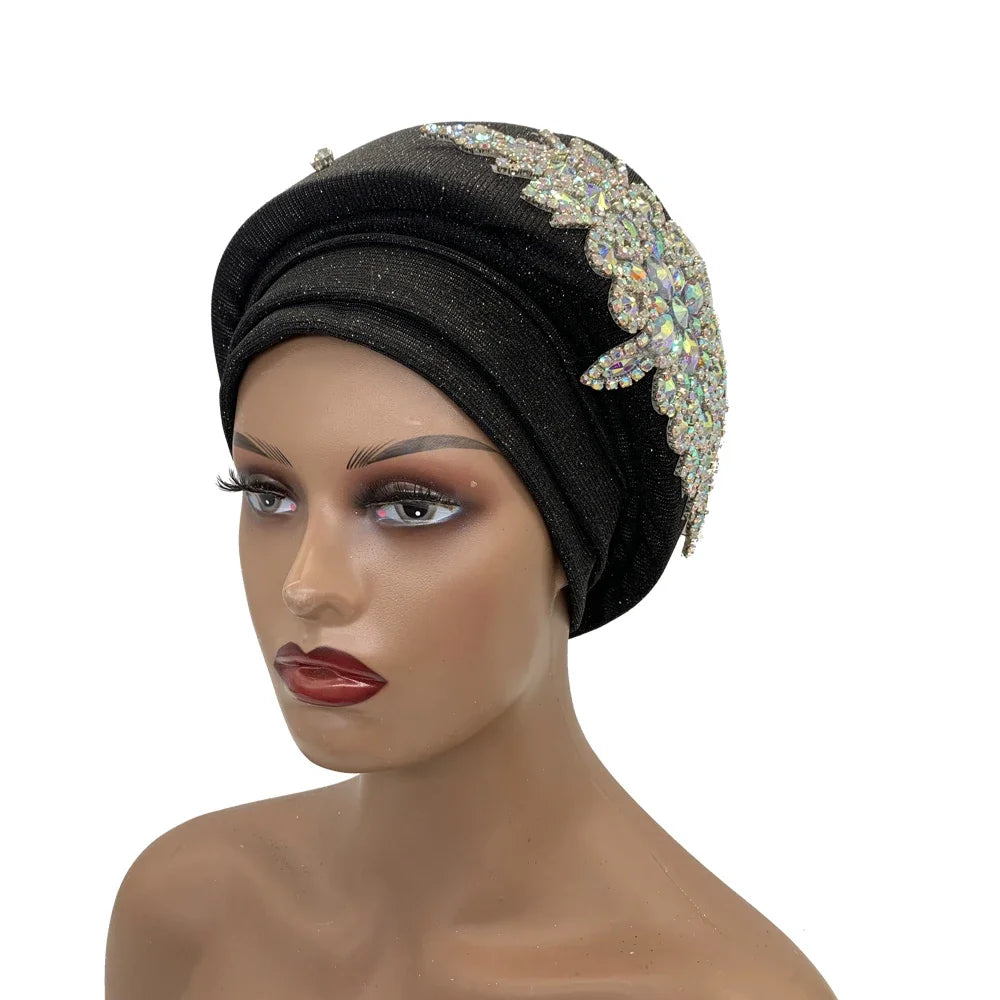 African Wrap Head Headgear Nigeria Auto Gele Headtie Turbante Mujer Luxury Rhinestone Turban Hat for Women Glitter
