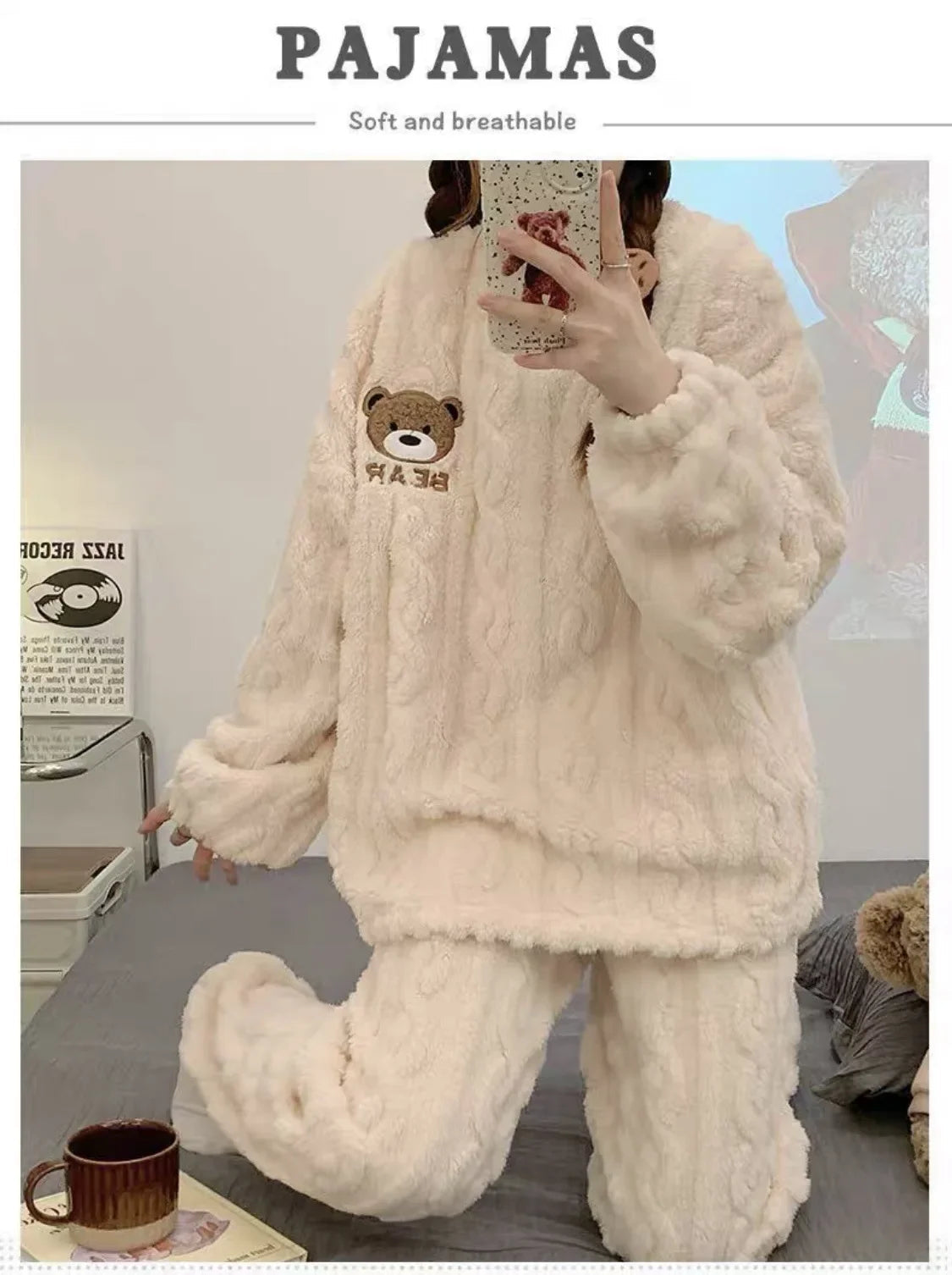 Winter Flannel Fleece-lined Sleepwear Women's Long Sleeve Warm Thickened Pyjamas Home Clothes Explosion Model Jacket Viralgem Store