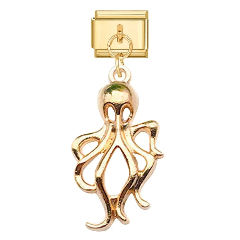 Vintage Golden Sea Shell Conch Starfish Dolphin Turtles Pendant Bead Fit 9mm Italian Charm Bracelet Stainless Steel DIY Making