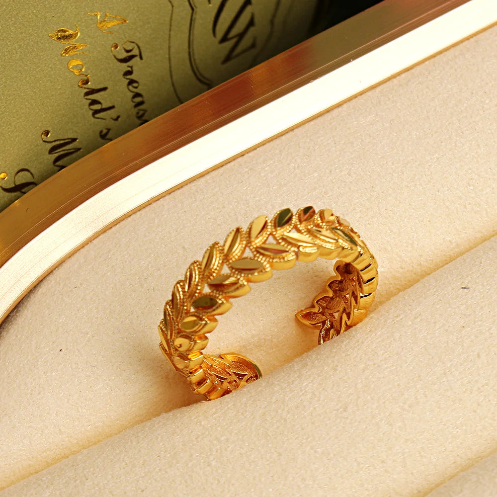 Trendy Copper Gold Plated Jewelry Bangles with Ring Leaves Design Cuff Bracelet Dubai Wedding Jewery Graduation Gifts for Girl Viralgem Store