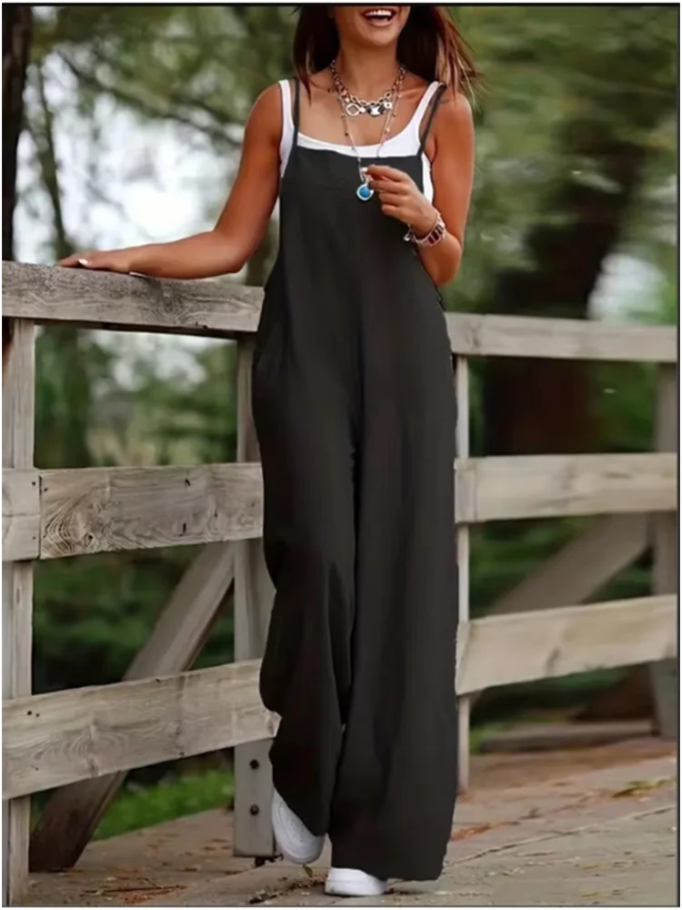 Women's Sleeveless Jumpsuit with Suspender Loose Casual Pocket Monochromatic Summer Viralgem Store