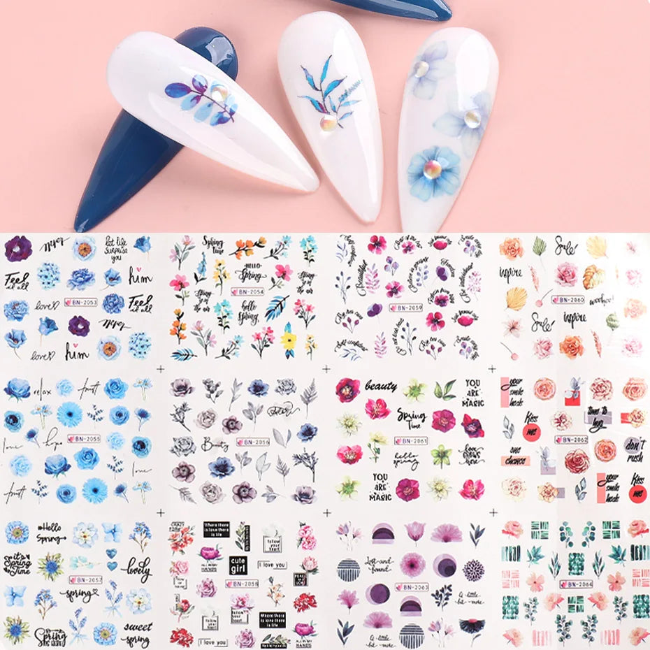12 Design Floral Nail Art Stickers Water Decals Transfer Summer Painting Flower Leaf Rose Manicure Decoration Nail Sliders Wraps