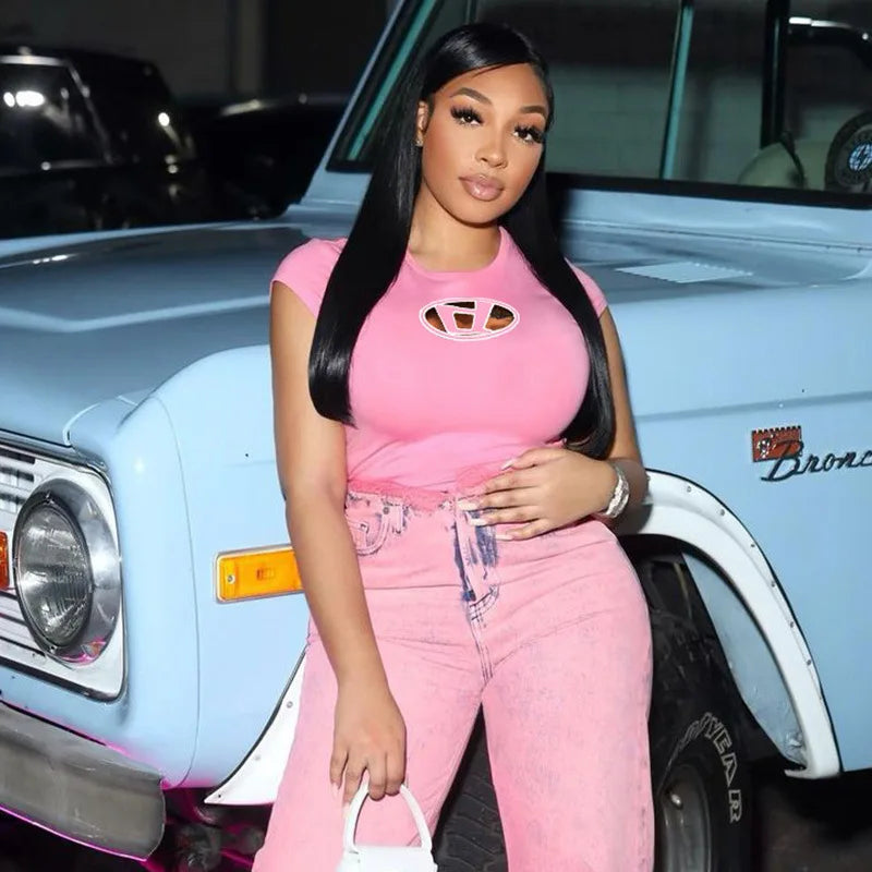 Y2k Top Shirts for Women Fashion Street Spice Girl Slim Show Chest D Embroidery Crop Short Open Umbilical Versatile Top