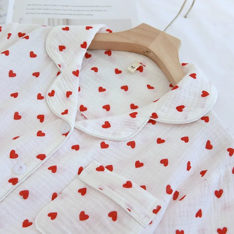 Summer Japanese Style Sweet Crepe Cotton Kimono Pajamas Lapel Cartoon Cute Printing Loose Loungewear Women 2 Piece Sleepwear