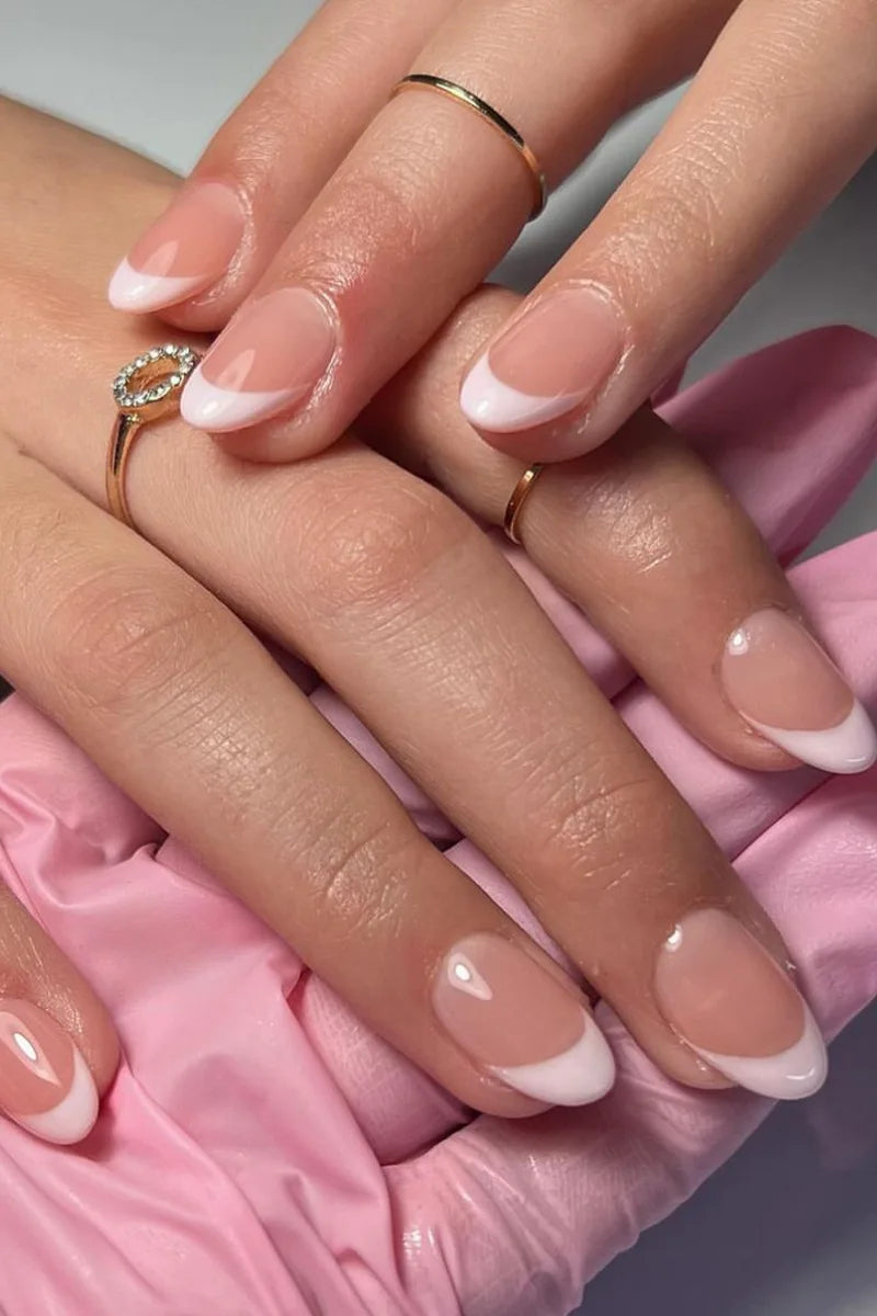 24Pcs Wearable French Fake Nails with Glue Simple Almond False Nails White Edge Design Short Full Cover Oval Nails Set Press On