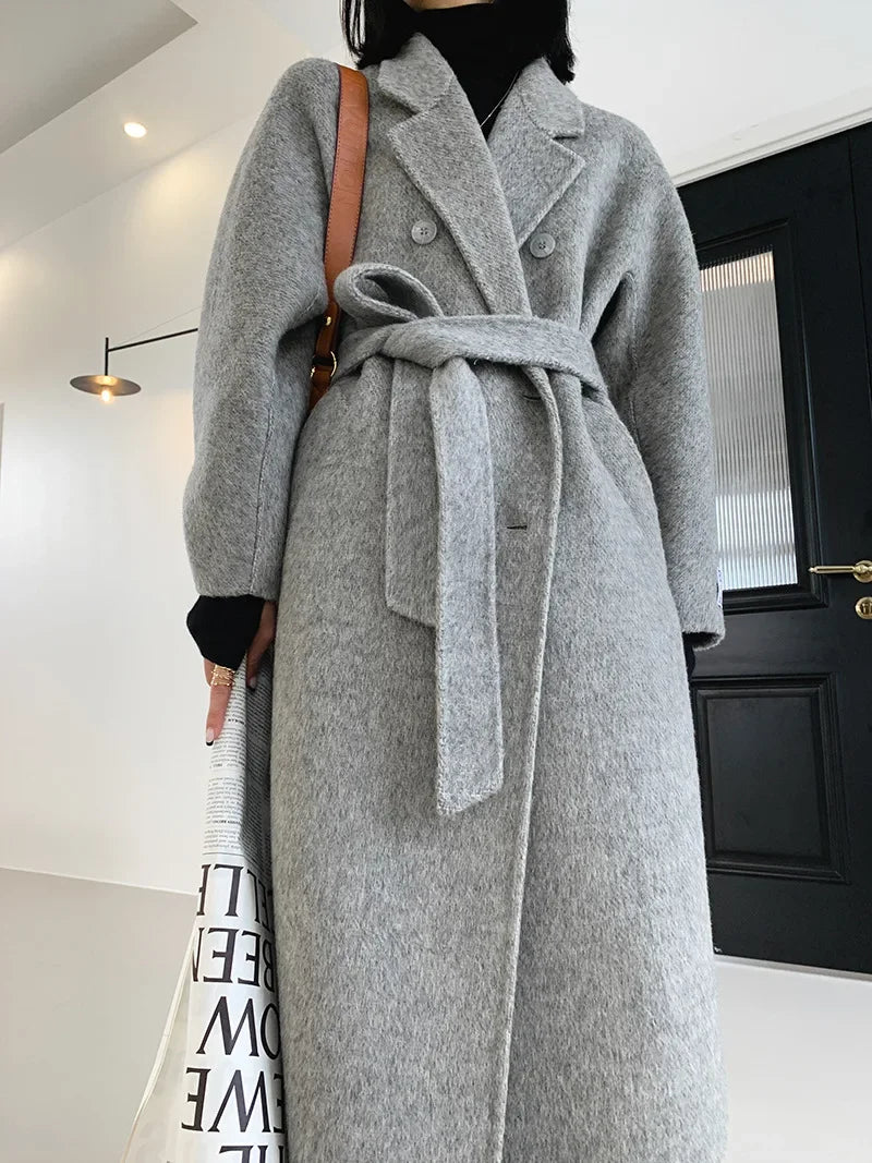 2024 Autumn Winter Wool Coat Women Double-breasted Solid Color Women's Double-sided Woolen Belt Coats Loose Warm Wool Jacket