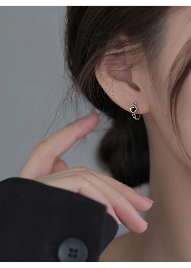 925 Sterling Silver Black Heart hoop Earrings Temperament Simple Inlaid for Women Wedding Jewelry Accessories