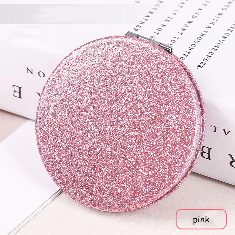 1pc Portable Glitter Round Makeup Mirror Hand Pocket Folding Cosmetic Mirror Double Face Make Up Mirror